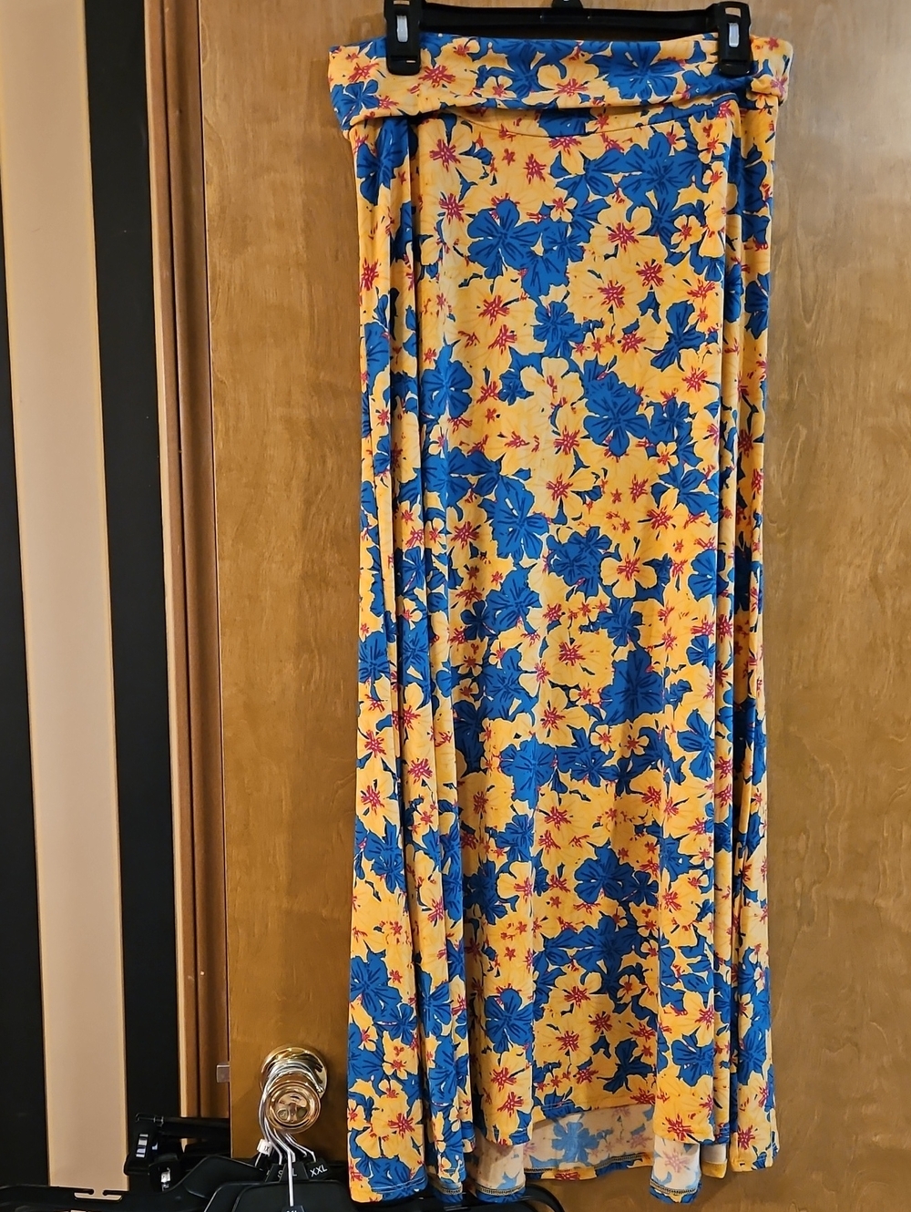 LuLaRoe Yellow Maxi Skirt with Blue and Pink Floral Print